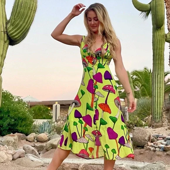 Farm Rio Neon Yellow Mushroom Print Button Front Midi Dress Size XS - Picture 5 of 6